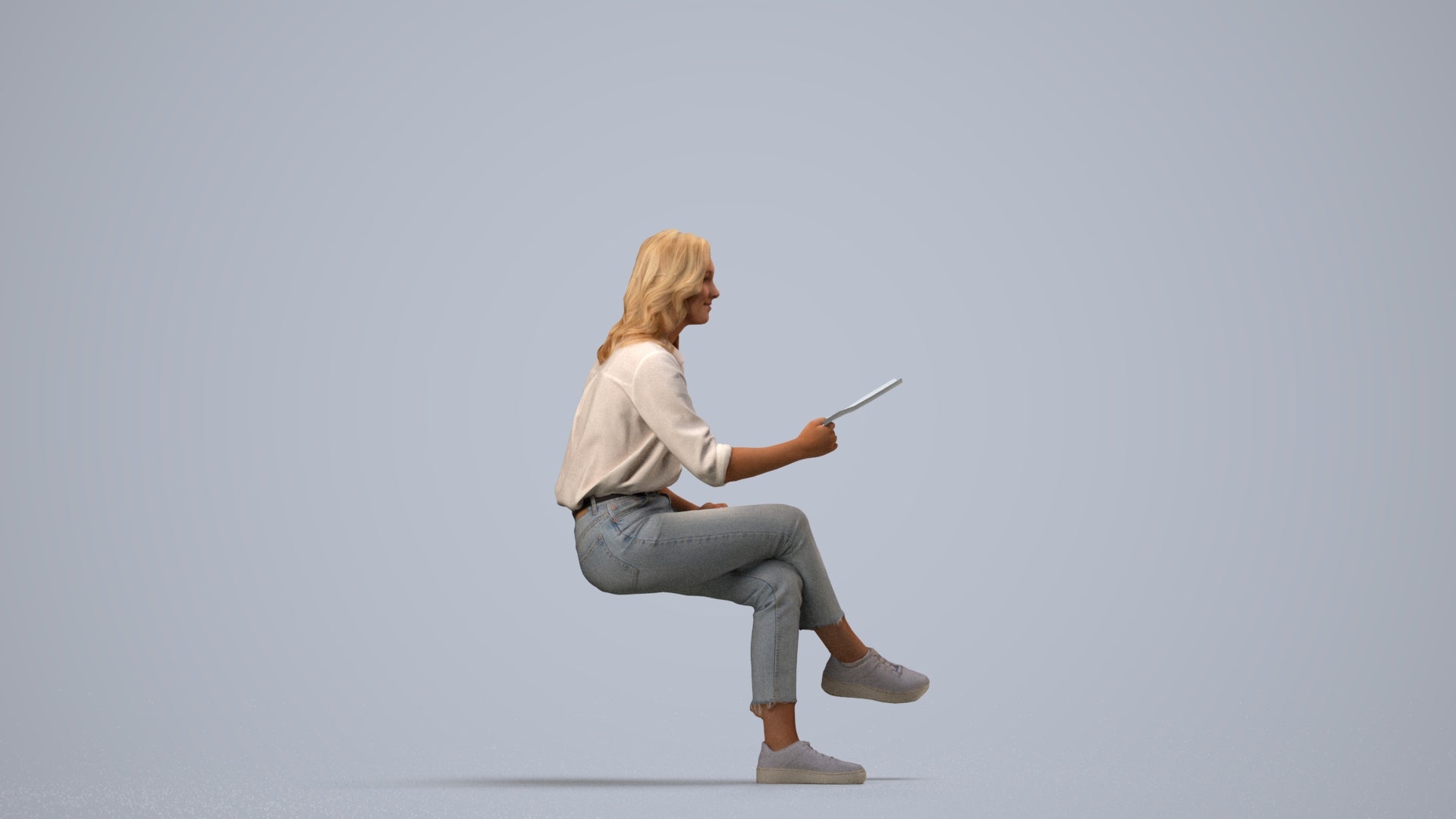 photogrammetry 3D woman casual sitting, realistic human model archviz FBX, side view render