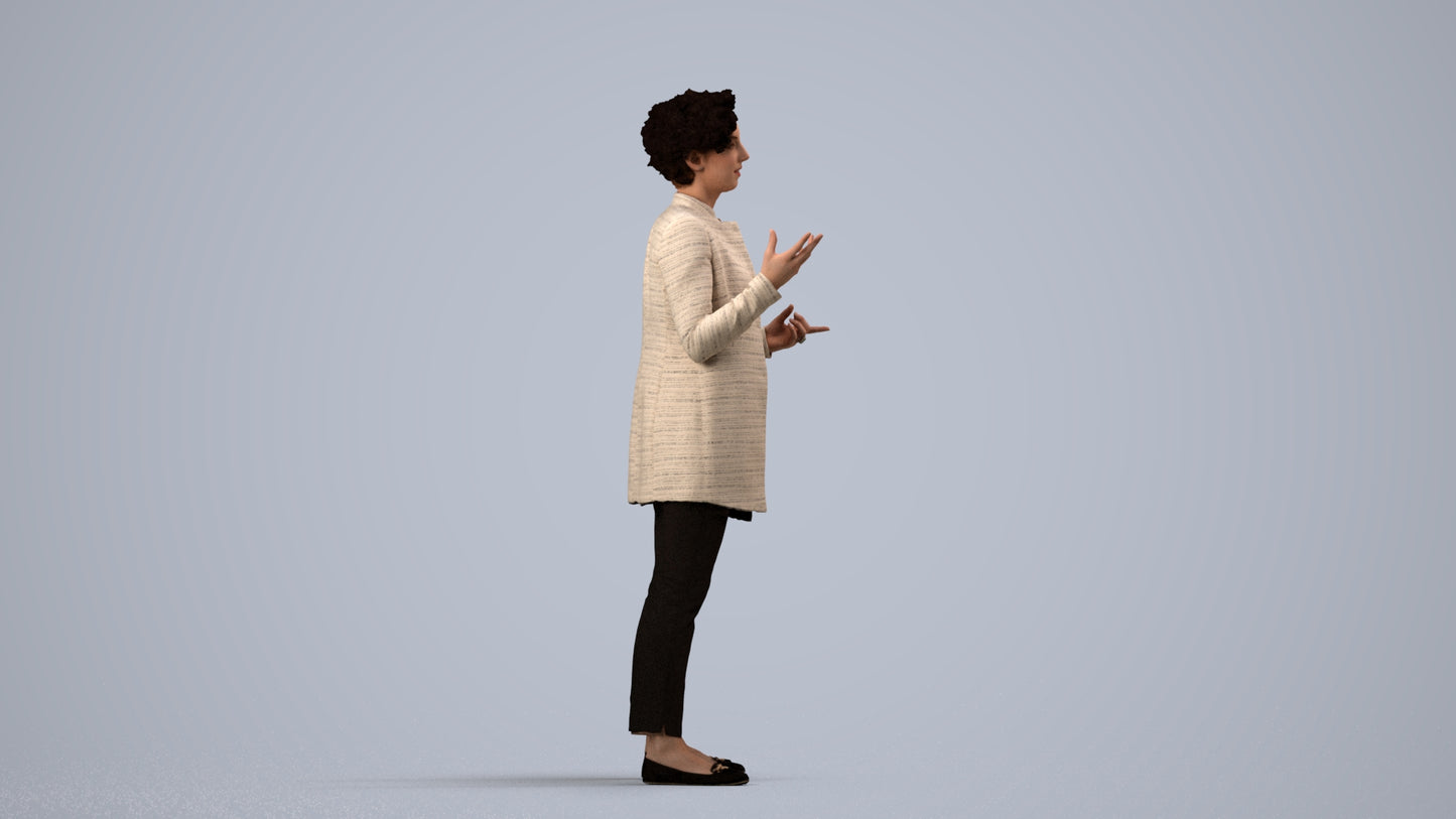 realistic 3D woman business standing, scanned archviz people for Blender and 3ds Max, side view render