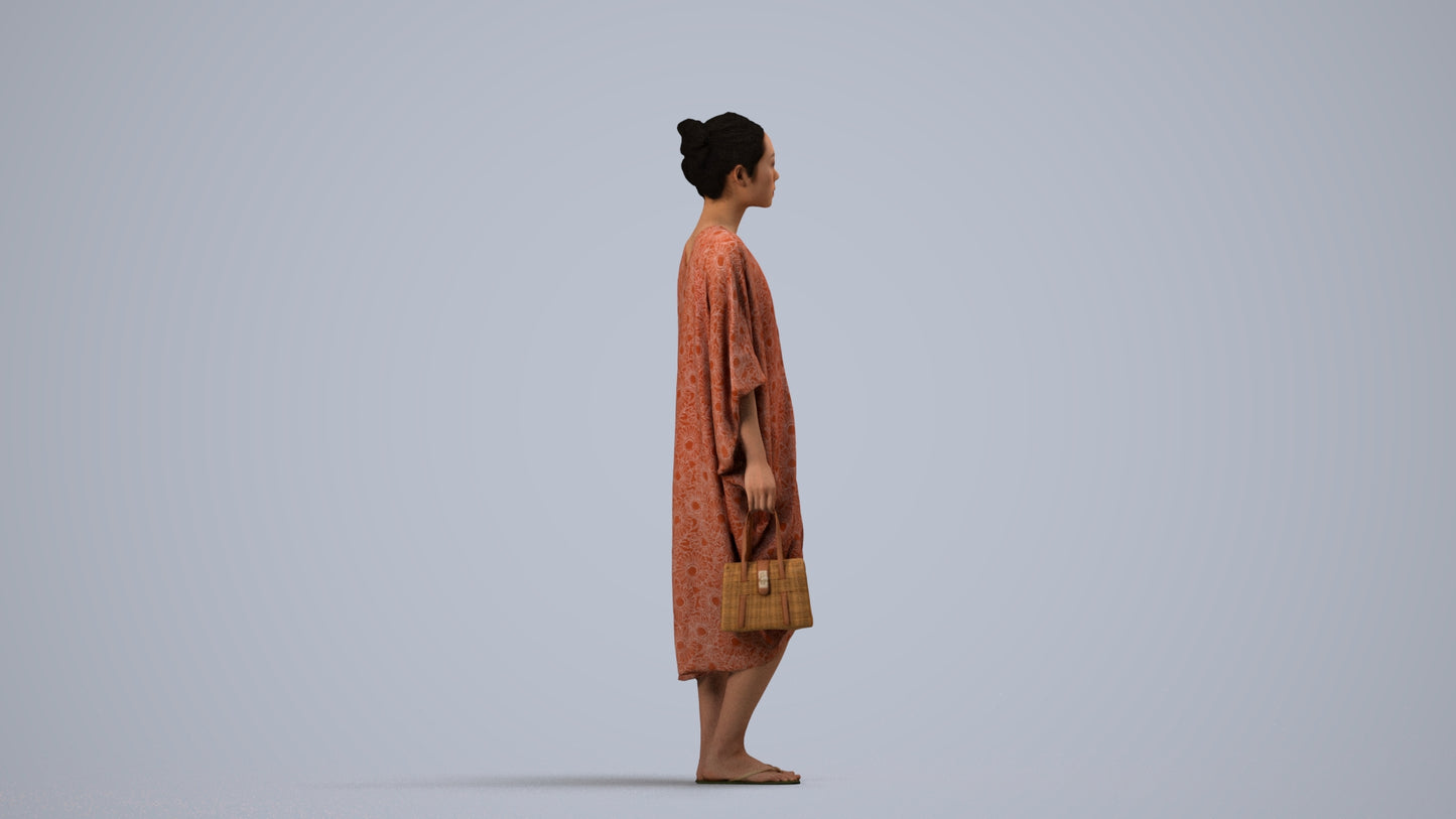 3D scanned woman standing casual, photorealistic archviz people for Enscape and SketchUp, side view render
