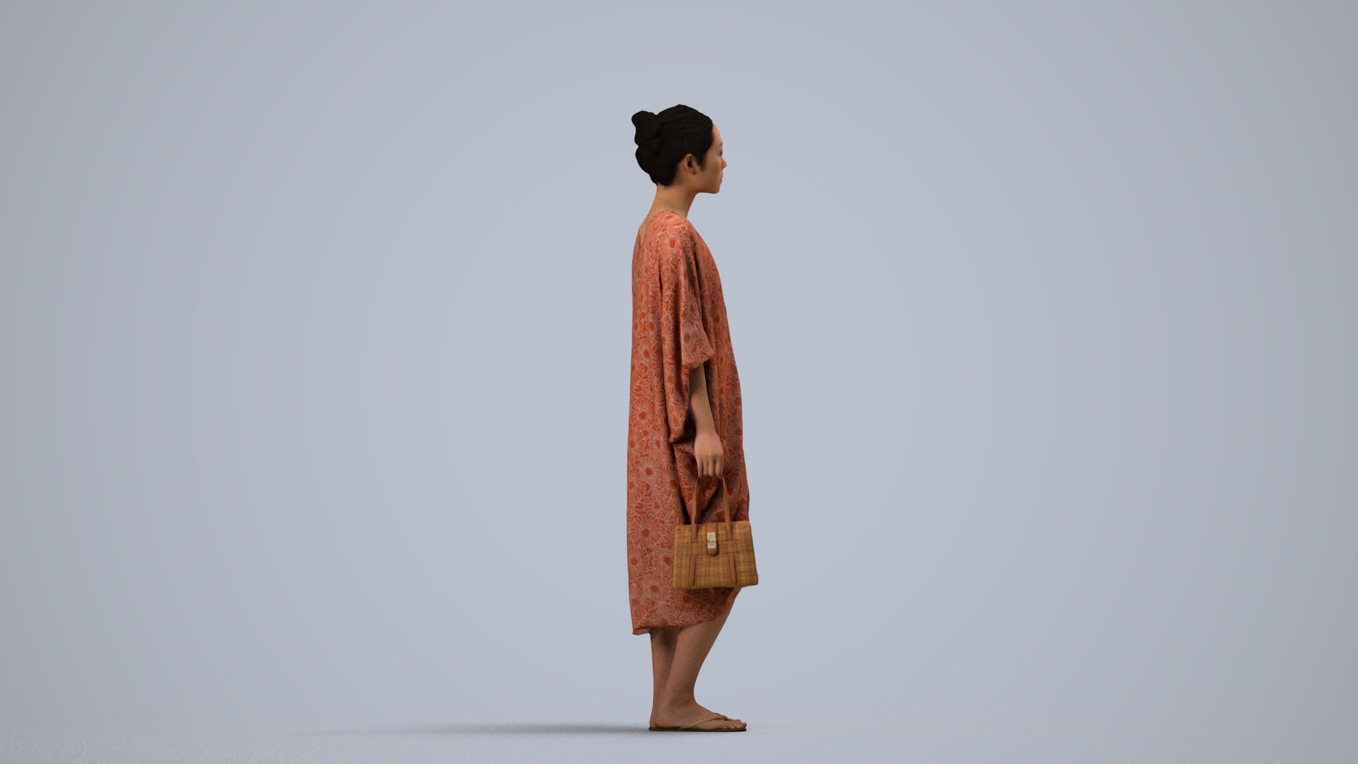 3D scanned woman standing casual, photorealistic archviz people for Enscape and SketchUp, side view render