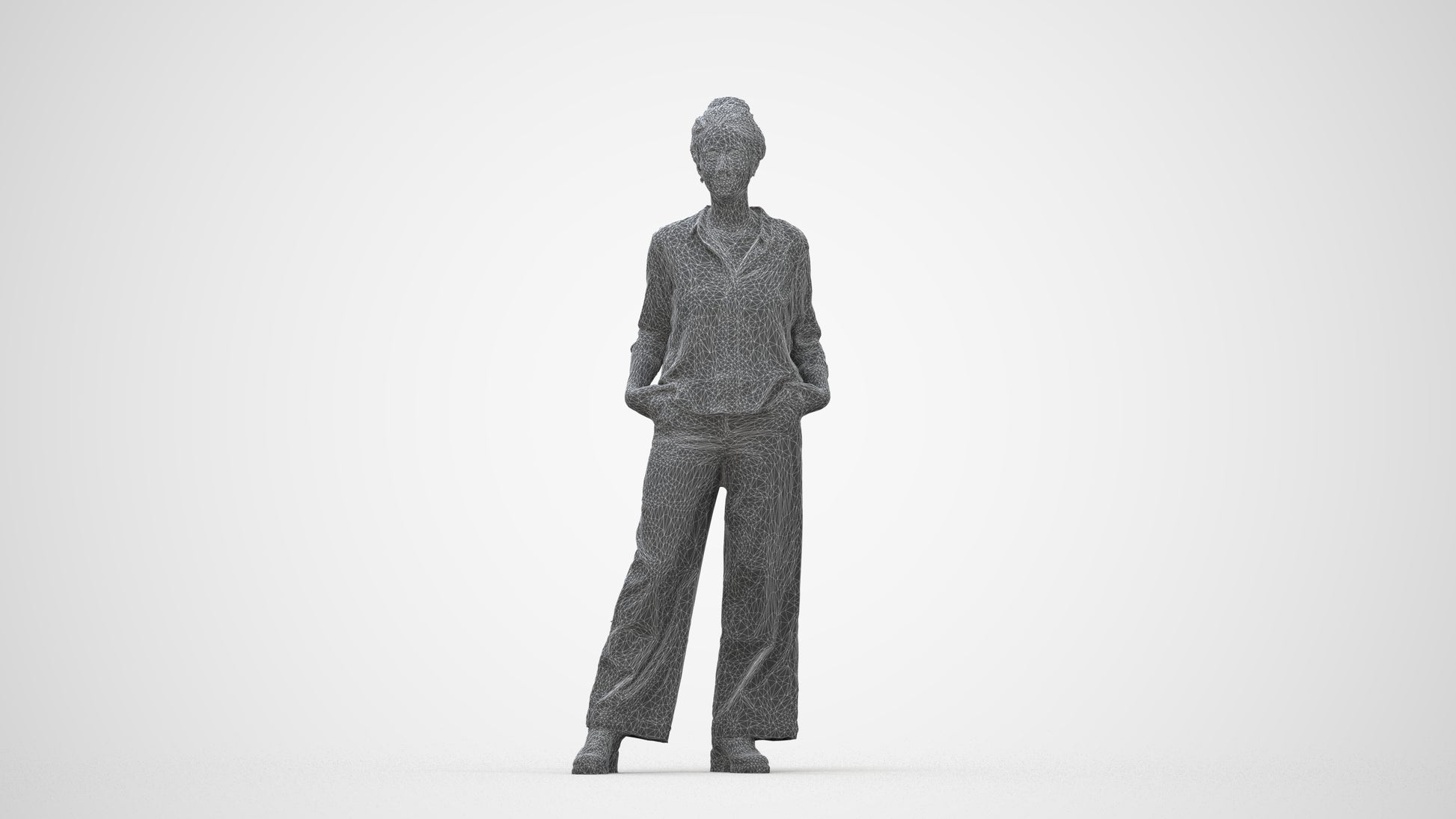 scanned 3D woman casual standing, photogrammetry people for Enscape and V-Ray, wireframe back view