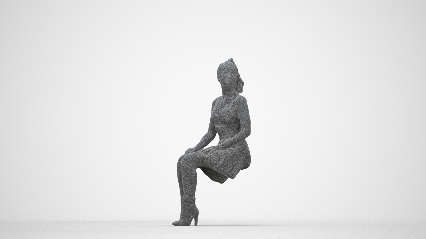 scanned 3D woman casual sitting, photogrammetry people for Enscape and V-Ray, wireframe back view