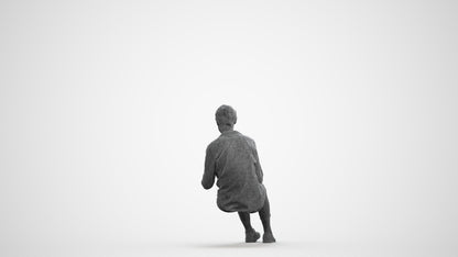 3D scanned senior woman sitting casual, photorealistic archviz people for Enscape and SketchUp, wireframe front view