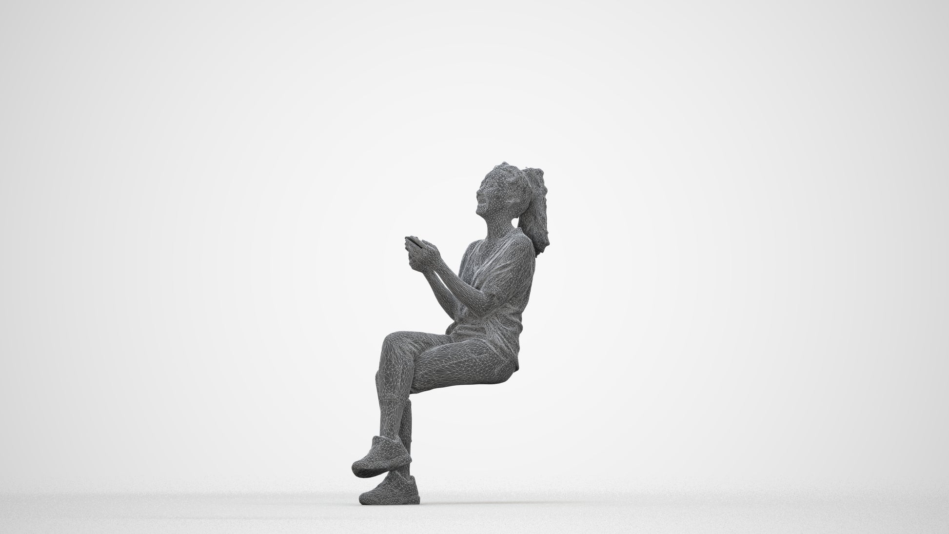photogrammetry 3D woman casual sitting, realistic human model archviz FBX, wireframe back view