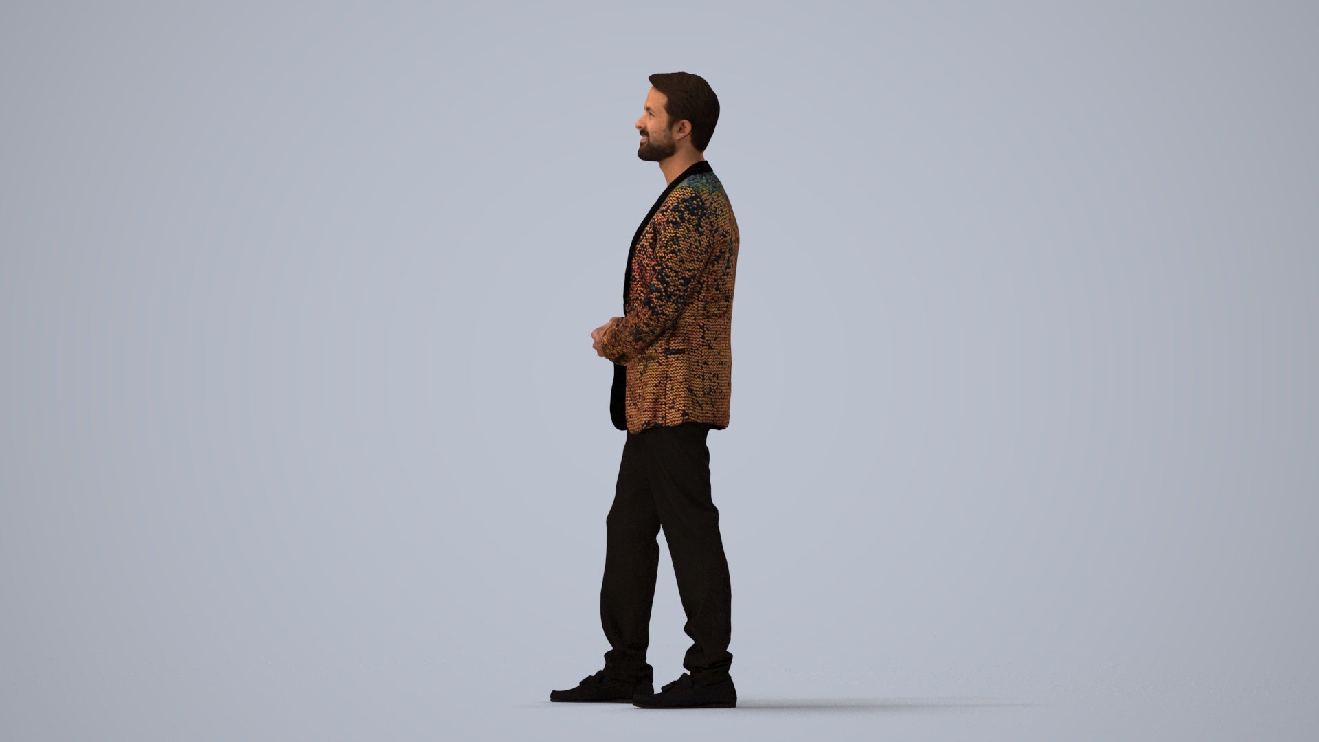 realistic 3D man formal cycling, scanned archviz people for Blender and 3ds Max, three-quarter view render