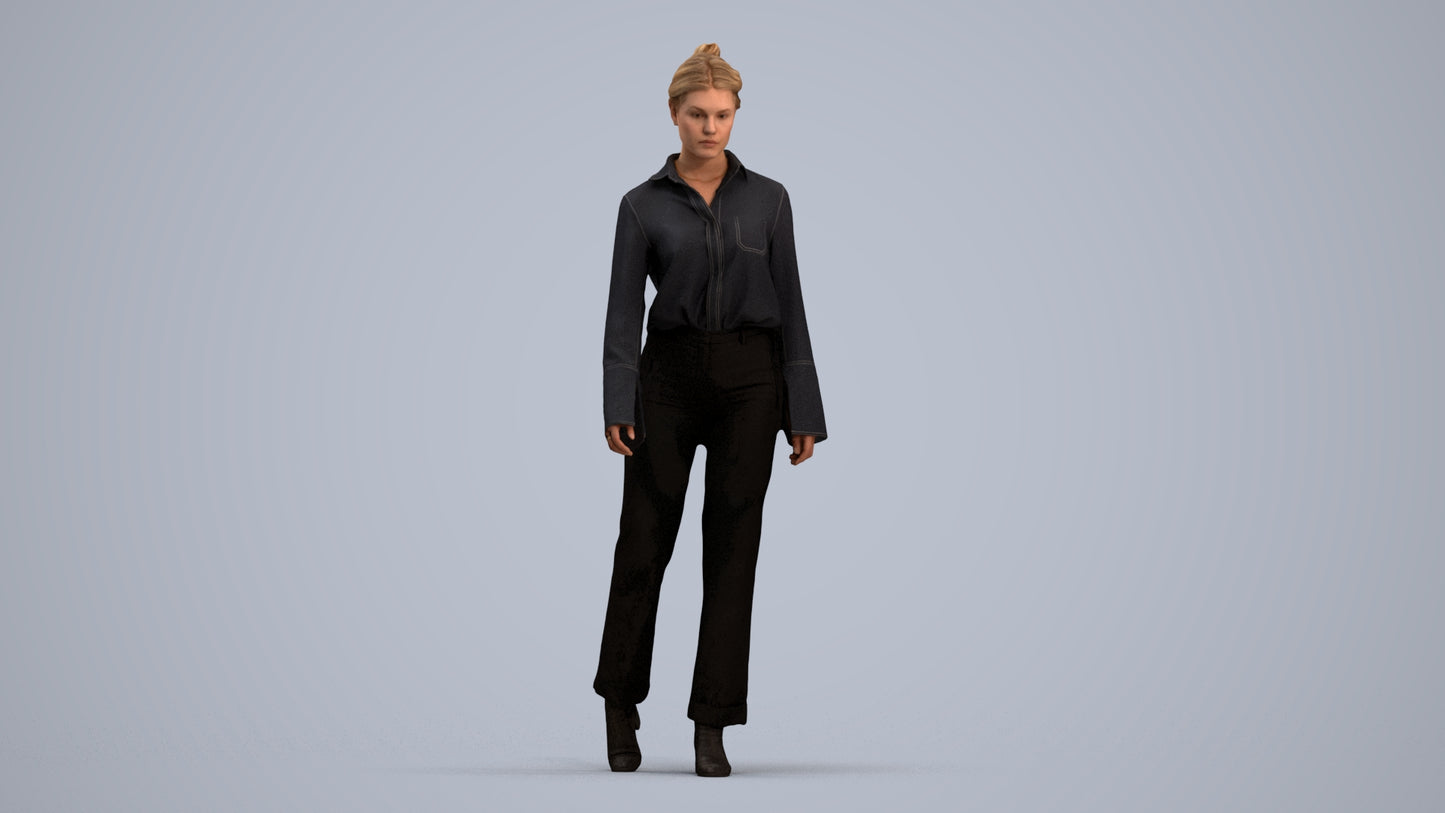 3D human model woman business walking, photogrammetry scanned person for archviz, standing pose render