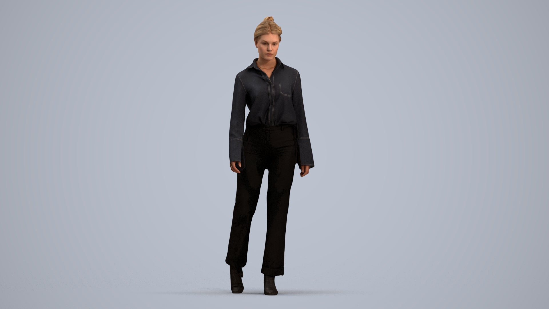 3D human model woman business walking, photogrammetry scanned person for archviz, standing pose render