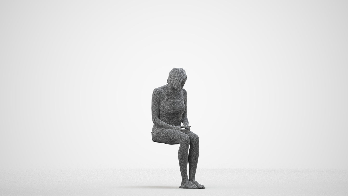 realistic 3D woman casual sitting, scanned archviz people for Blender and 3ds Max, wireframe side view