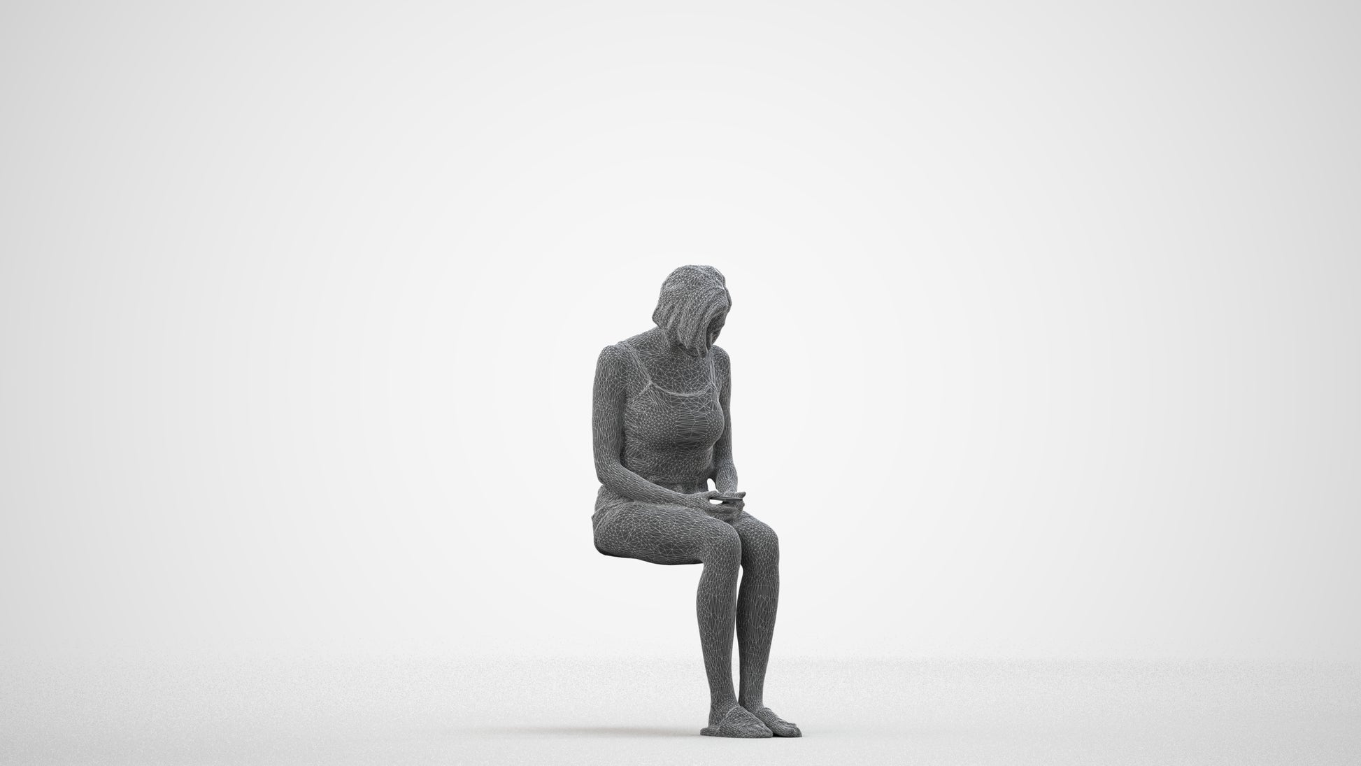 realistic 3D woman casual sitting, scanned archviz people for Blender and 3ds Max, wireframe side view