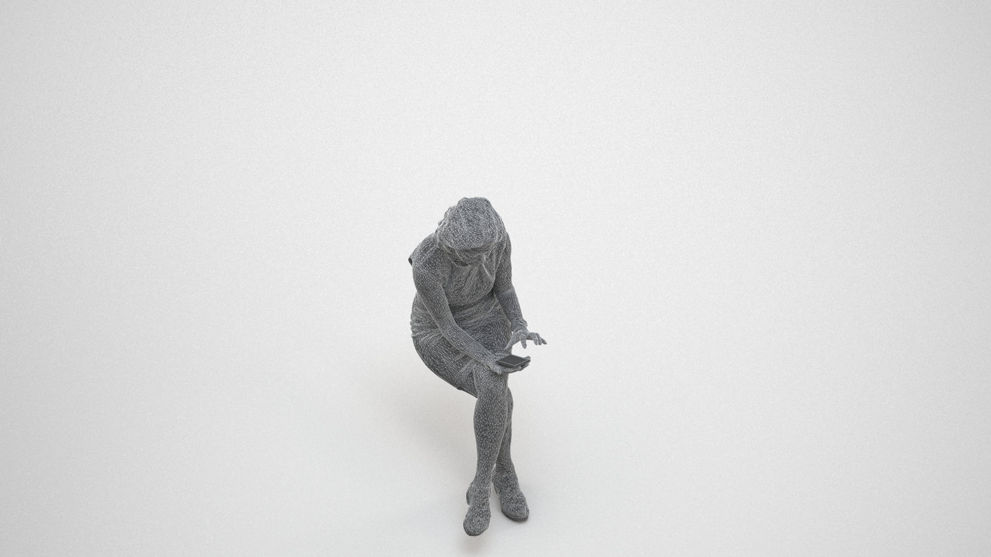 realistic 3D people woman business sitting, render-ready for V-Ray and Corona, FBX OBJ, wireframe three-quarter view