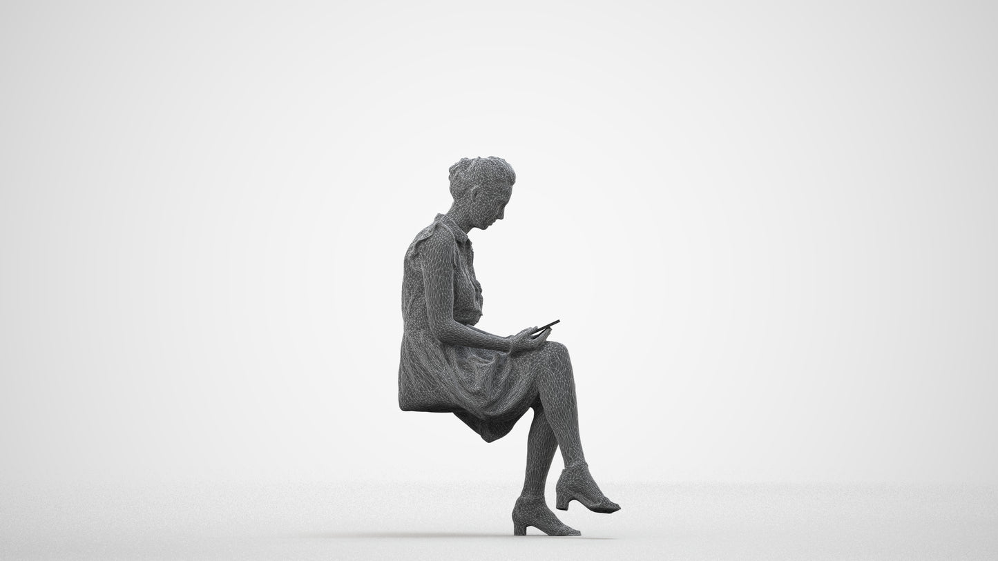 scanned 3D woman casual sitting, photogrammetry people for Enscape and V-Ray, wireframe side view