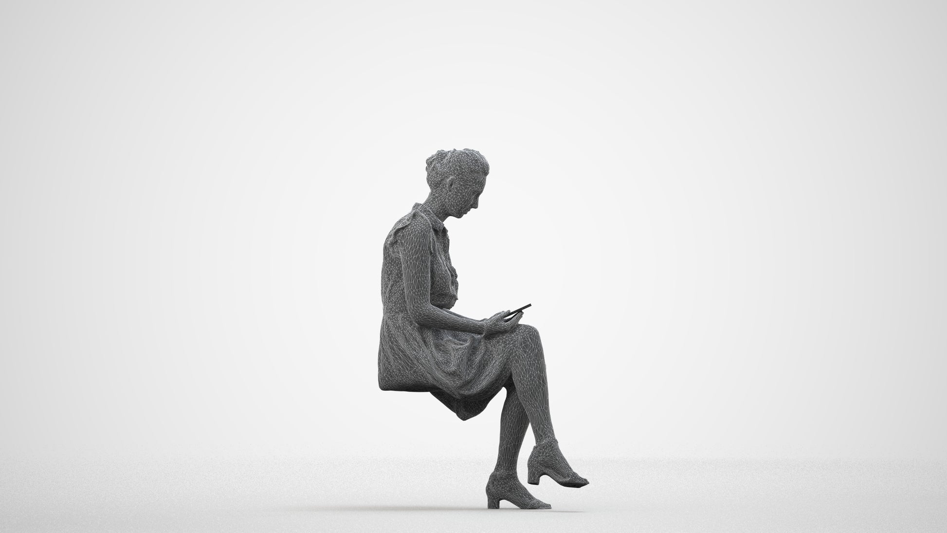 scanned 3D woman casual sitting, photogrammetry people for Enscape and V-Ray, wireframe side view