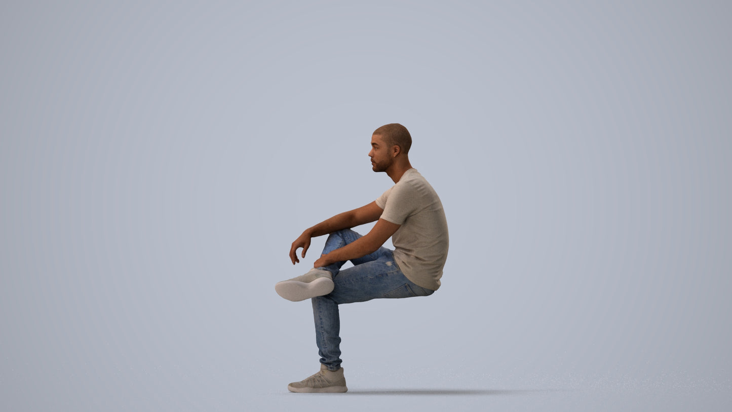 3D human model man casual sitting, photogrammetry scanned person for archviz, three-quarter view render