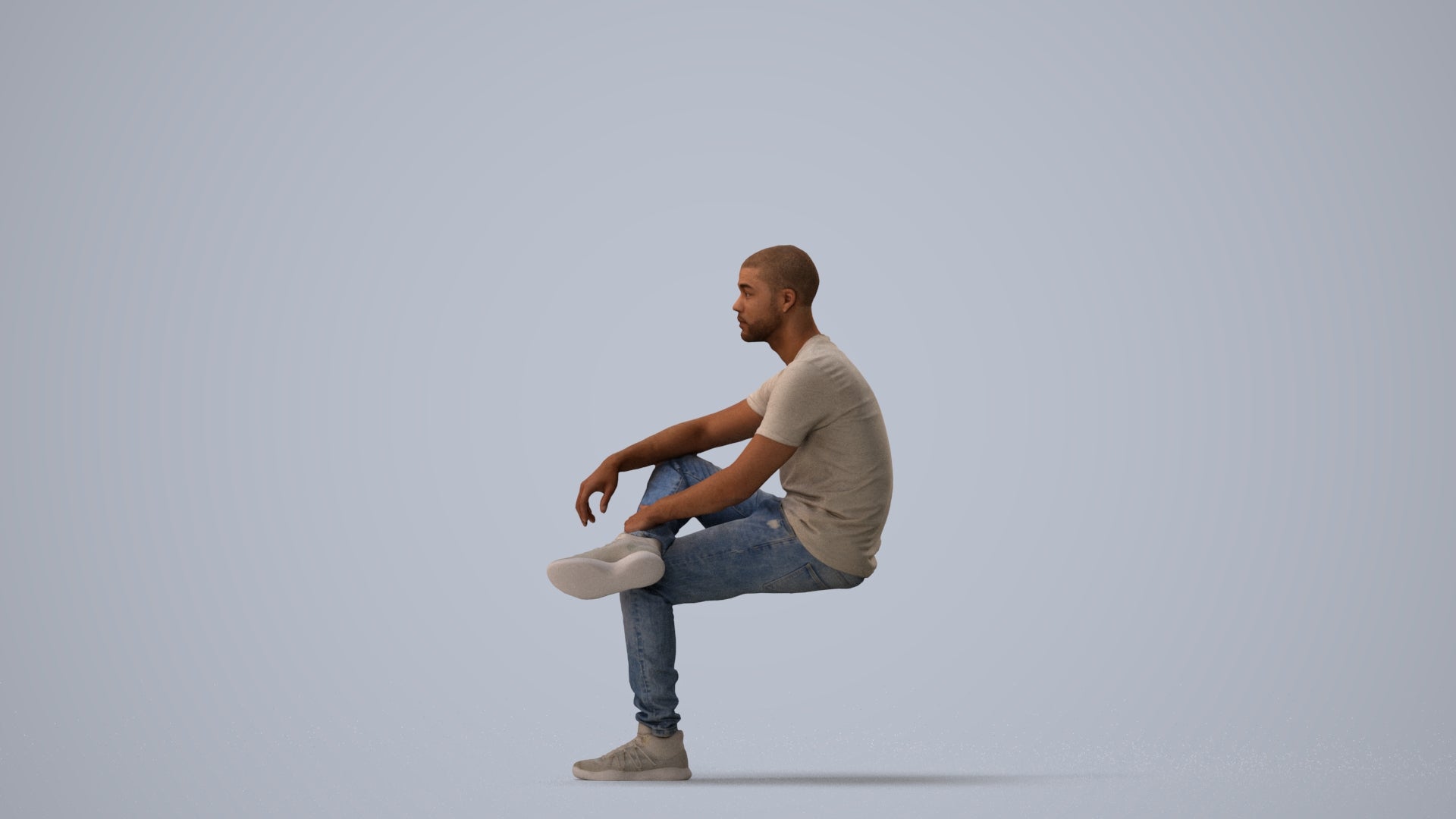 3D human model man casual sitting, photogrammetry scanned person for archviz, three-quarter view render