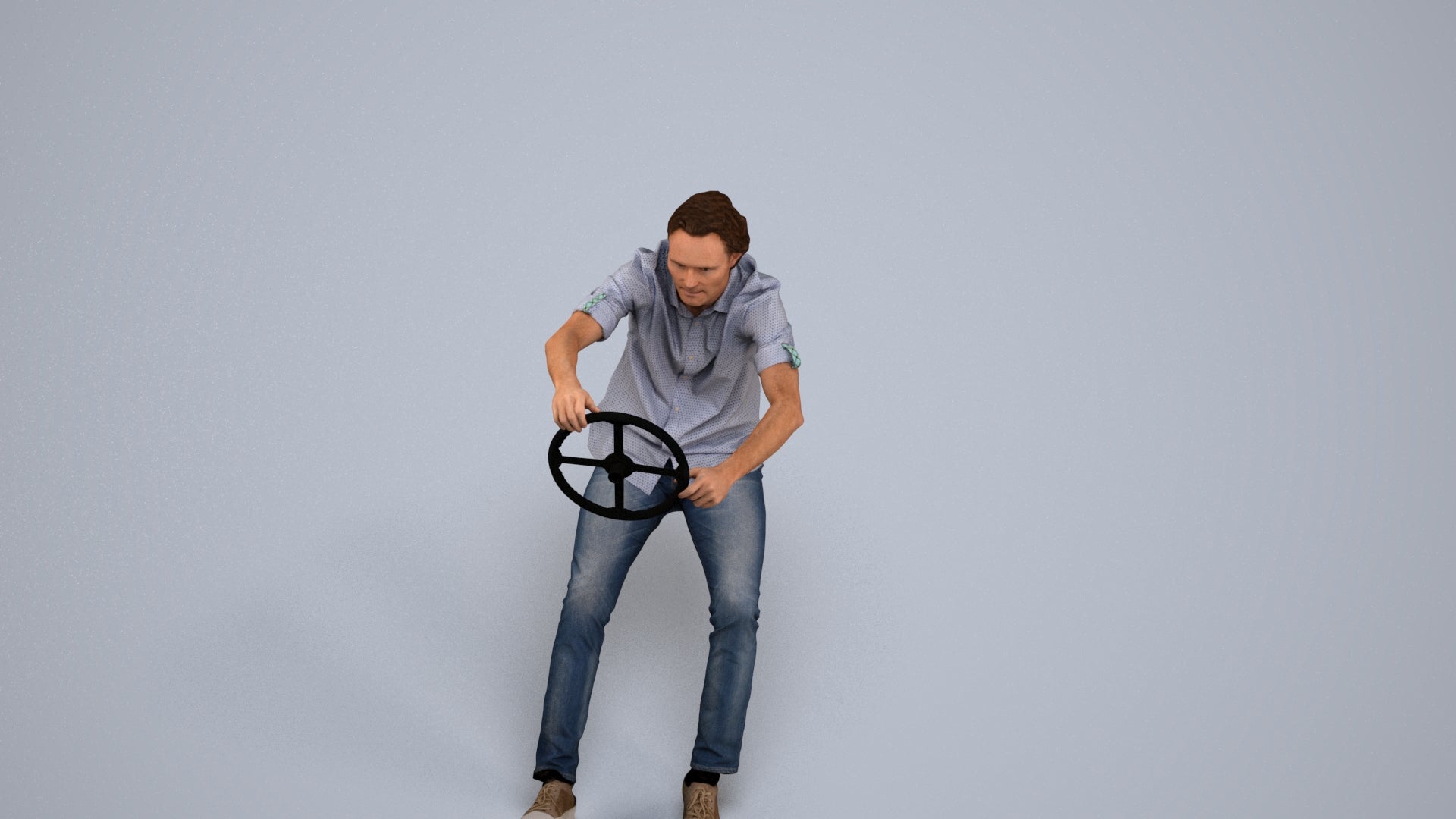 realistic 3D man casual driving, scanned archviz people for Blender and 3ds Max, back view render