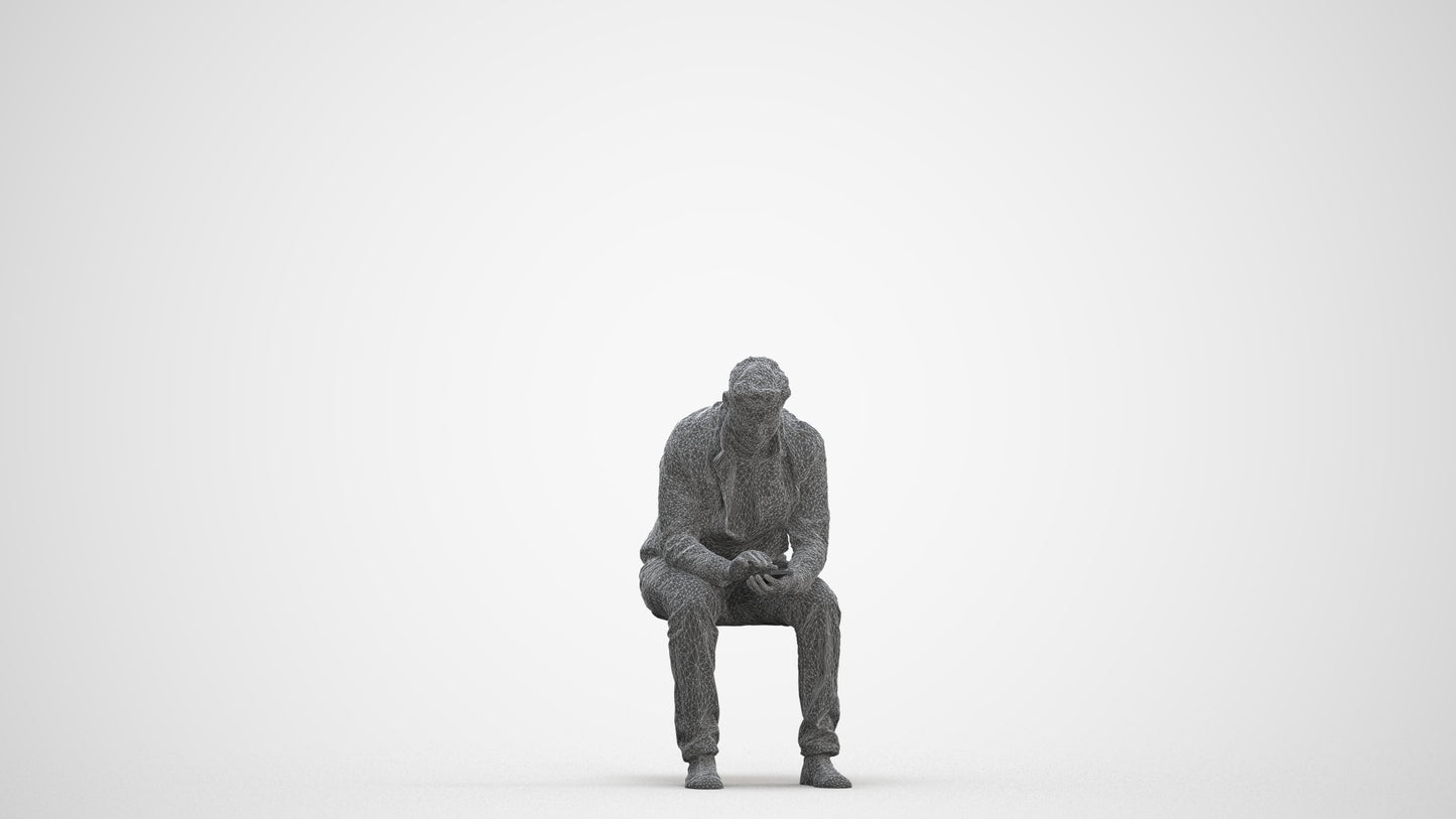 realistic 3D human man casual sitting, archviz people FBX OBJ for Blender, three-quarter front view render