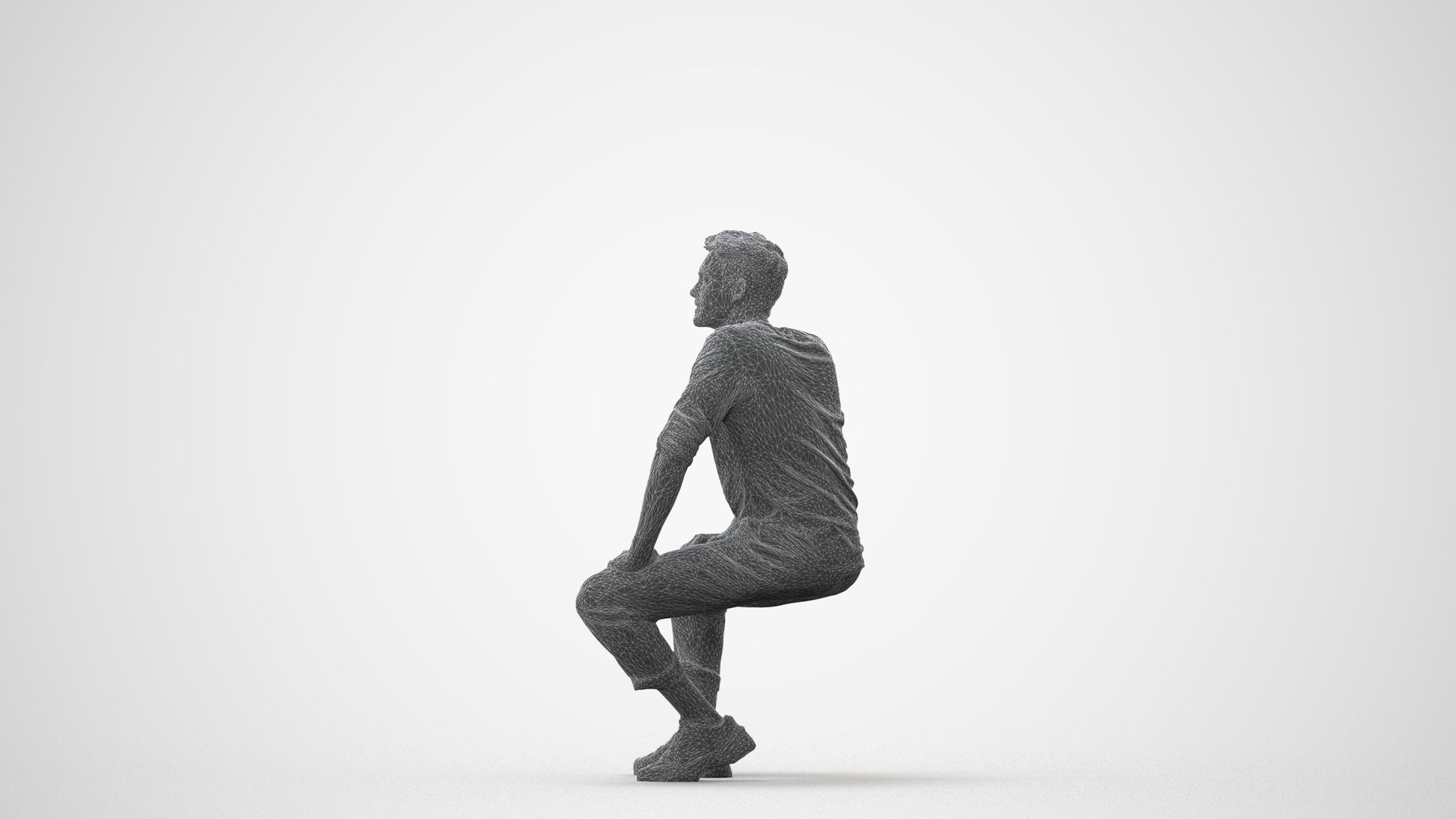 3D human model man casual sitting, photogrammetry scanned person for archviz, square thumbnail