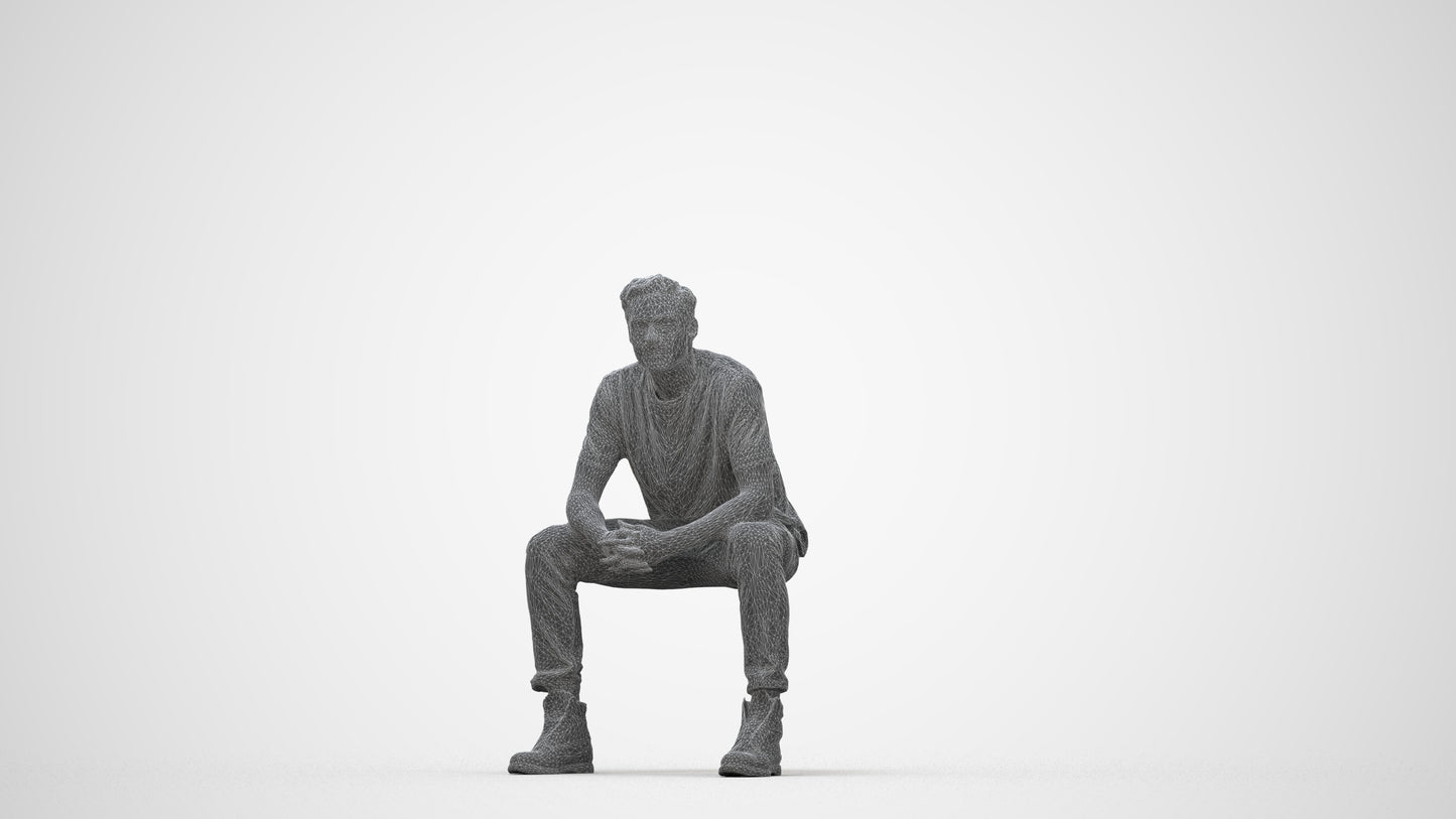 scanned 3D man casual sitting, photogrammetry people for Enscape and V-Ray, wireframe back view