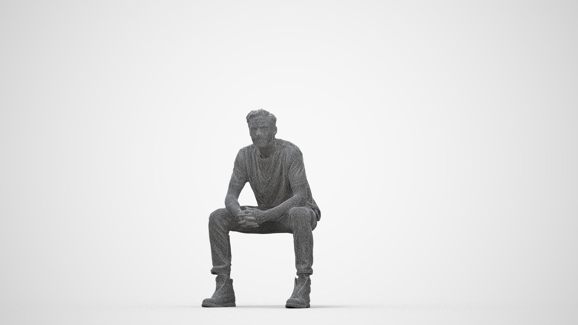 scanned 3D man casual sitting, photogrammetry people for Enscape and V-Ray, wireframe back view