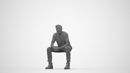 scanned 3D man casual sitting, photogrammetry people for Enscape and V-Ray, wireframe back view