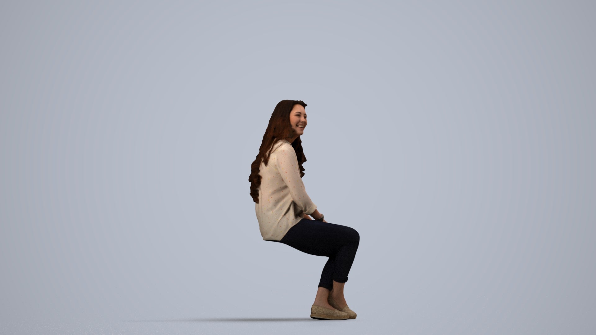 realistic 3D human woman casual sitting, archviz people FBX OBJ for Blender, side view render