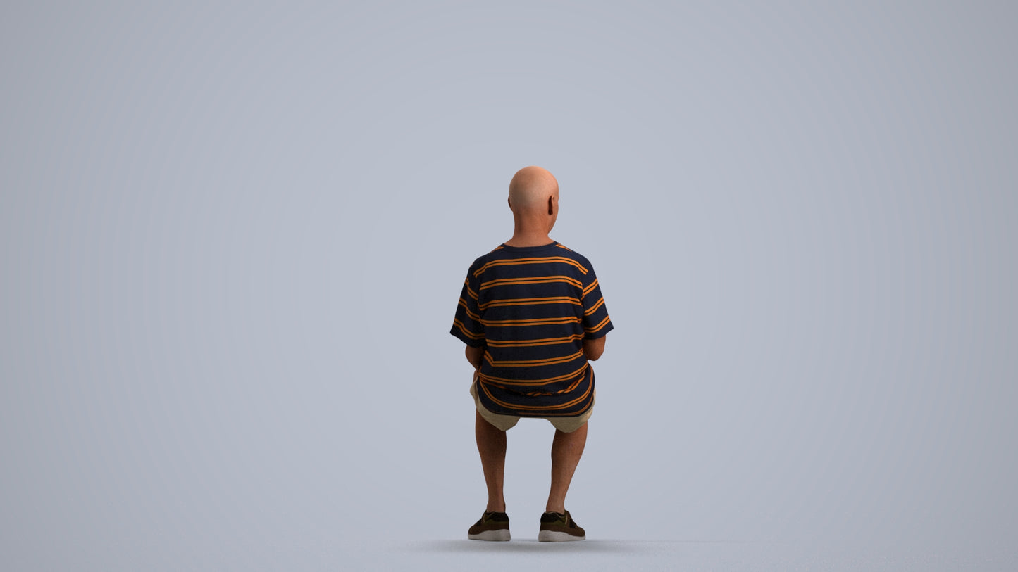 3D human model senior man casual sitting, photogrammetry scanned person for archviz, front view render