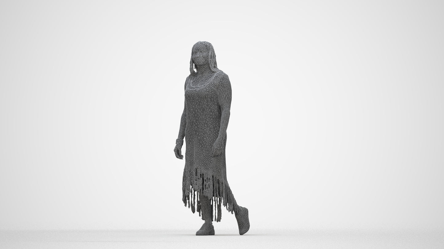 3D human model woman casual standing, photogrammetry scanned person for archviz, wireframe back view