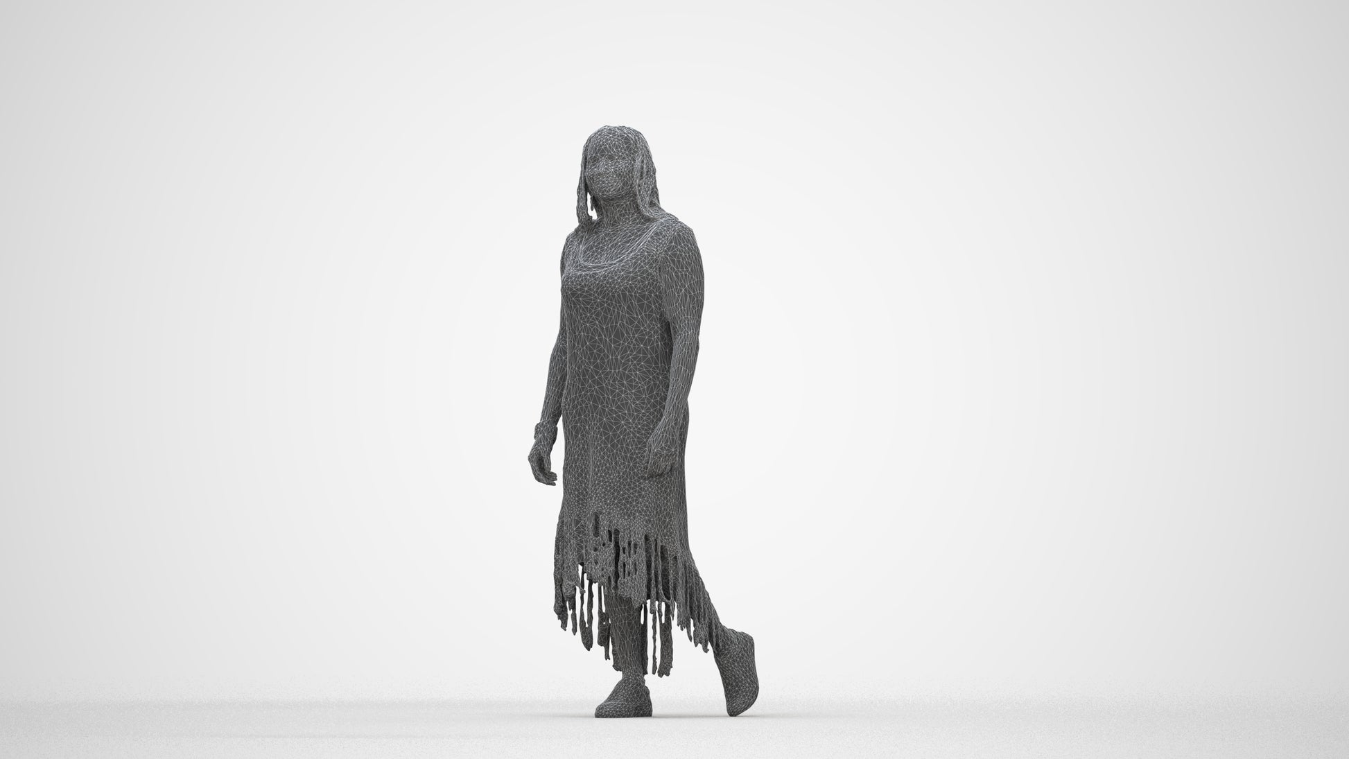 3D human model woman casual standing, photogrammetry scanned person for archviz, wireframe back view