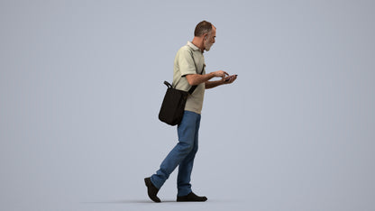 realistic 3D human senior man casual walking, archviz people FBX OBJ for Blender, side view render