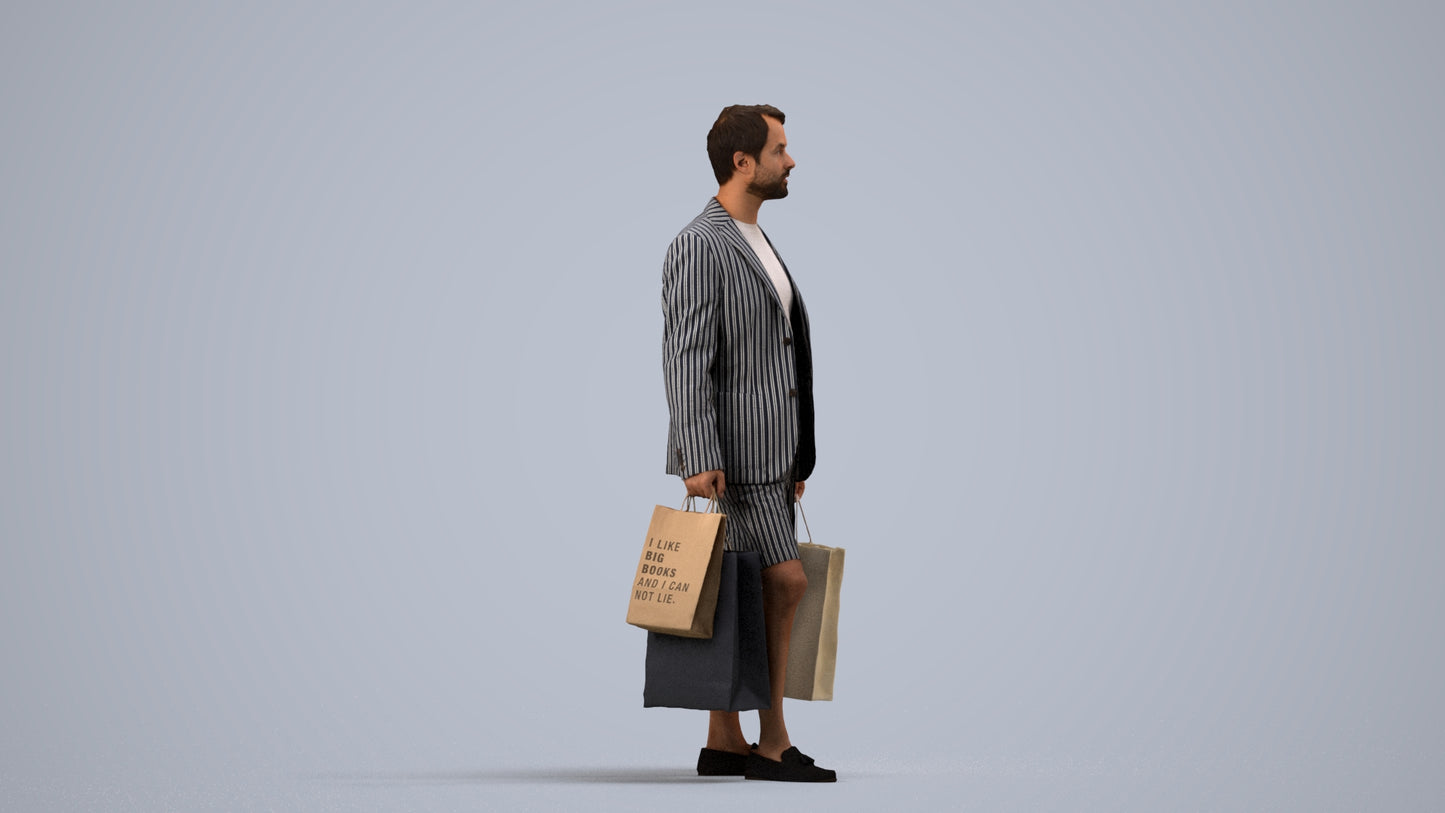 photogrammetry 3D man business shopping, realistic human model archviz FBX, side view render