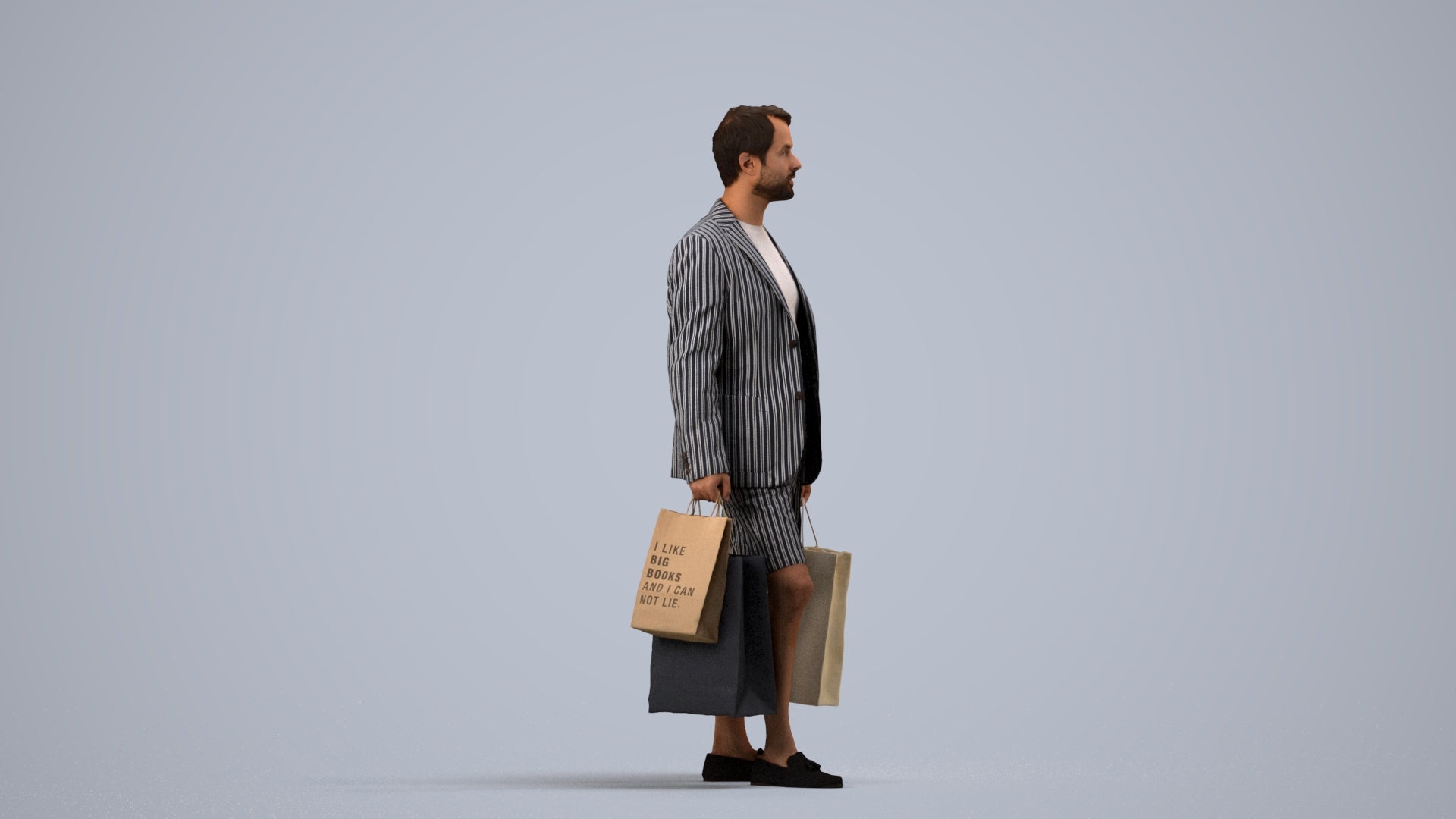photogrammetry 3D man business shopping, realistic human model archviz FBX, side view render