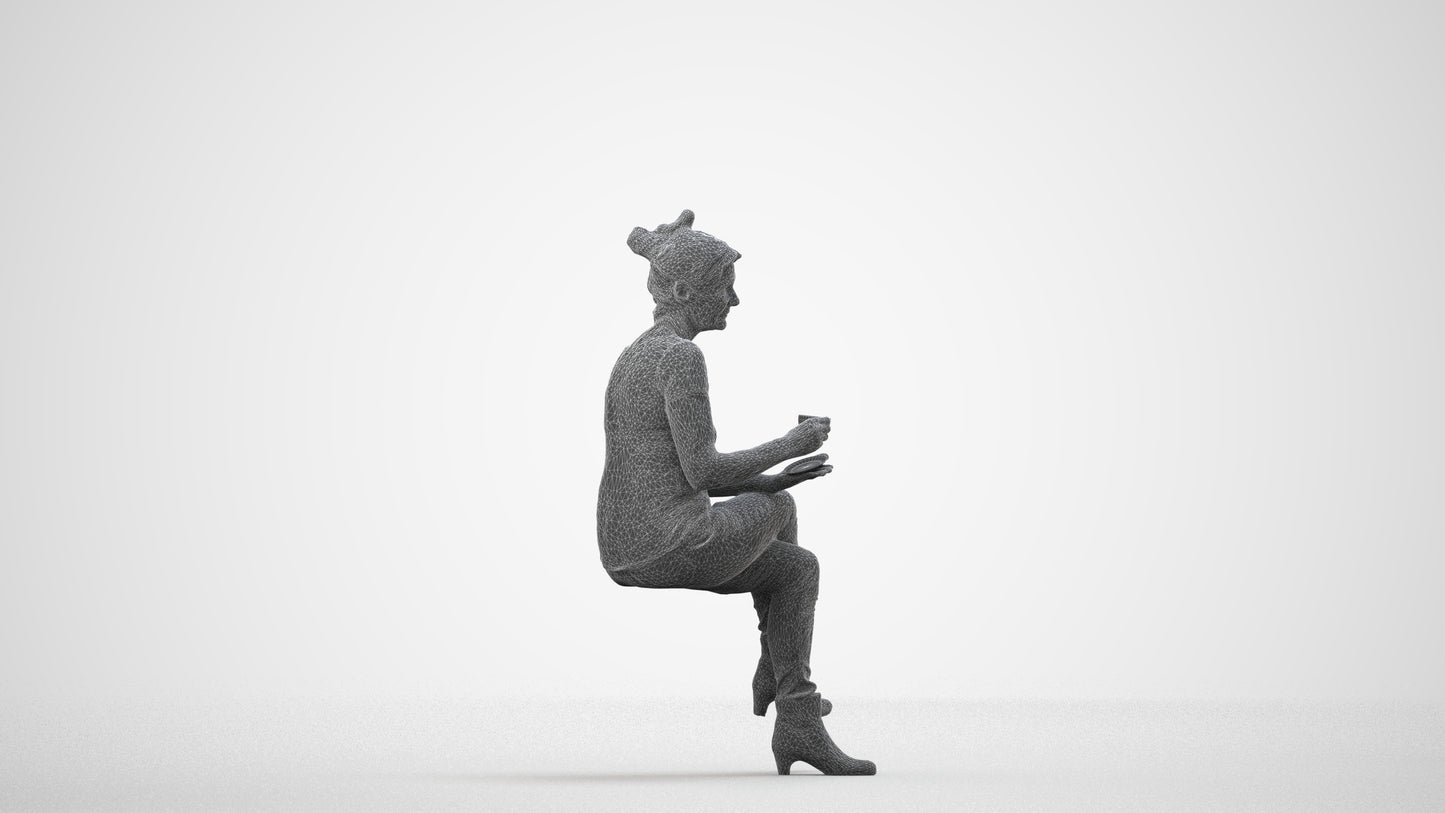 realistic 3D people senior woman casual sitting, render-ready for V-Ray and Corona, FBX OBJ, wireframe side view