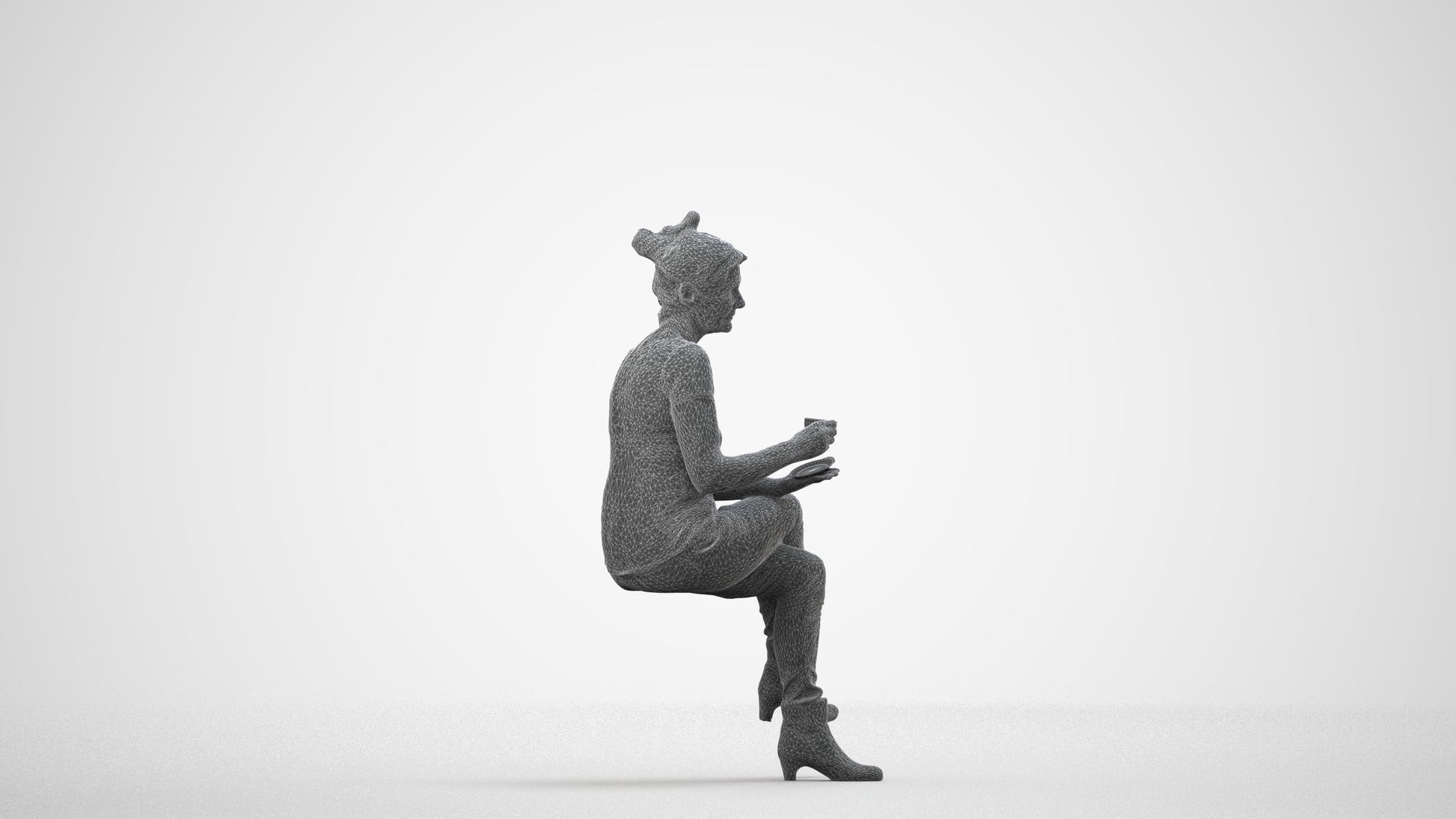realistic 3D people senior woman casual sitting, render-ready for V-Ray and Corona, FBX OBJ, wireframe side view