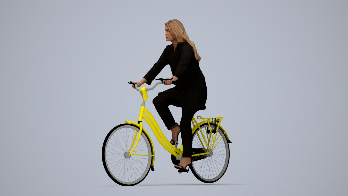 realistic 3D woman business cycling, scanned archviz people for Blender and 3ds Max, top-down view render