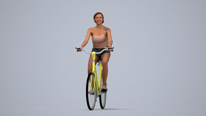 3D human model woman casual cycling, photogrammetry scanned person for archviz, top-down view render