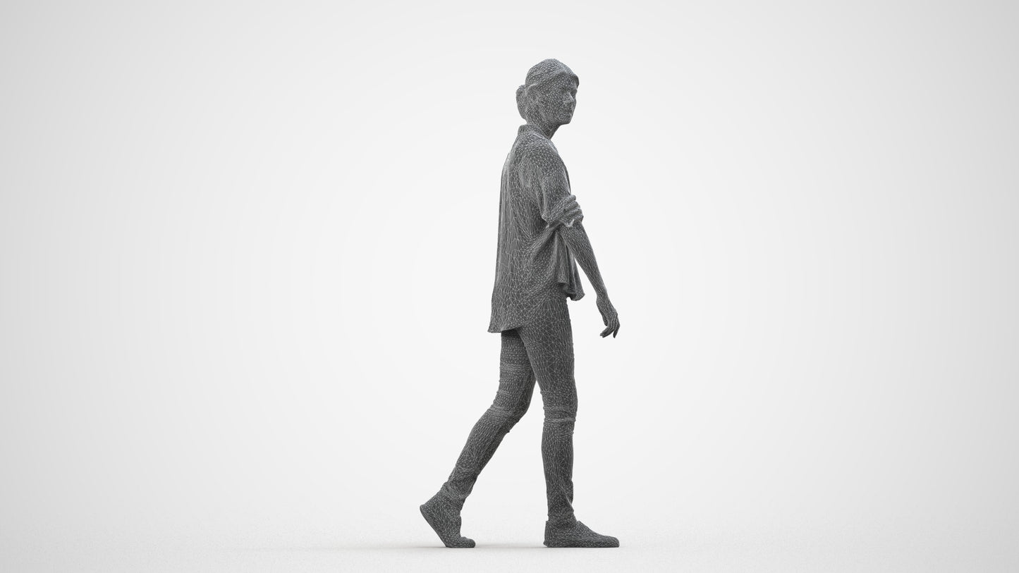 3D people model woman casual walking, scanned human for 3ds Max rendering, wireframe side view