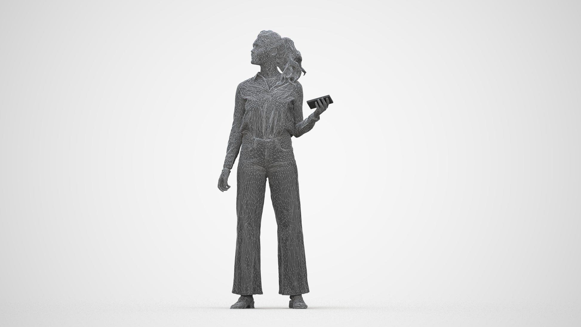 3D scanned woman standing casual, photorealistic archviz people for Enscape and SketchUp, wireframe back view