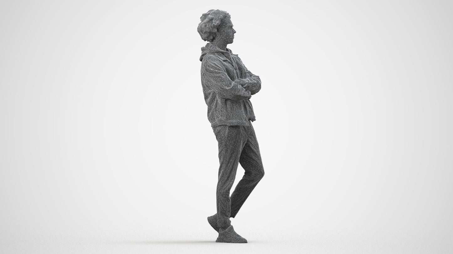 scanned 3D man casual standing, photogrammetry people for Enscape and V-Ray, wireframe side view