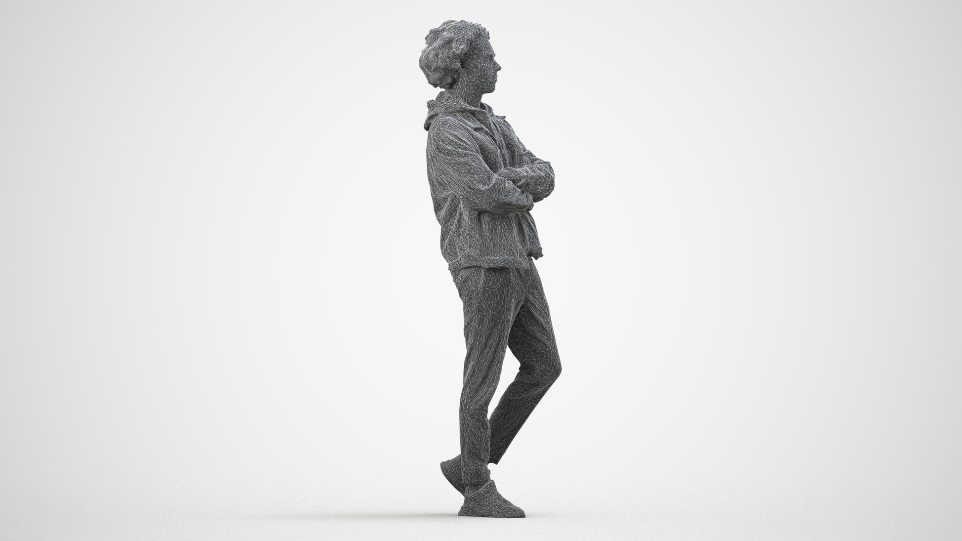 scanned 3D man casual standing, photogrammetry people for Enscape and V-Ray, wireframe side view