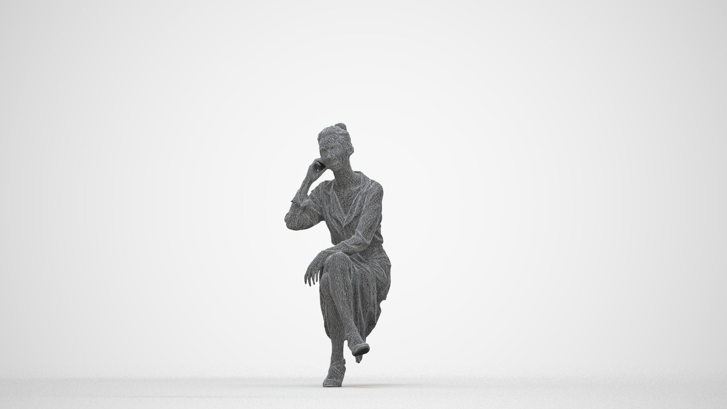 realistic 3D woman casual sitting, scanned archviz people for Blender and 3ds Max, wireframe back view