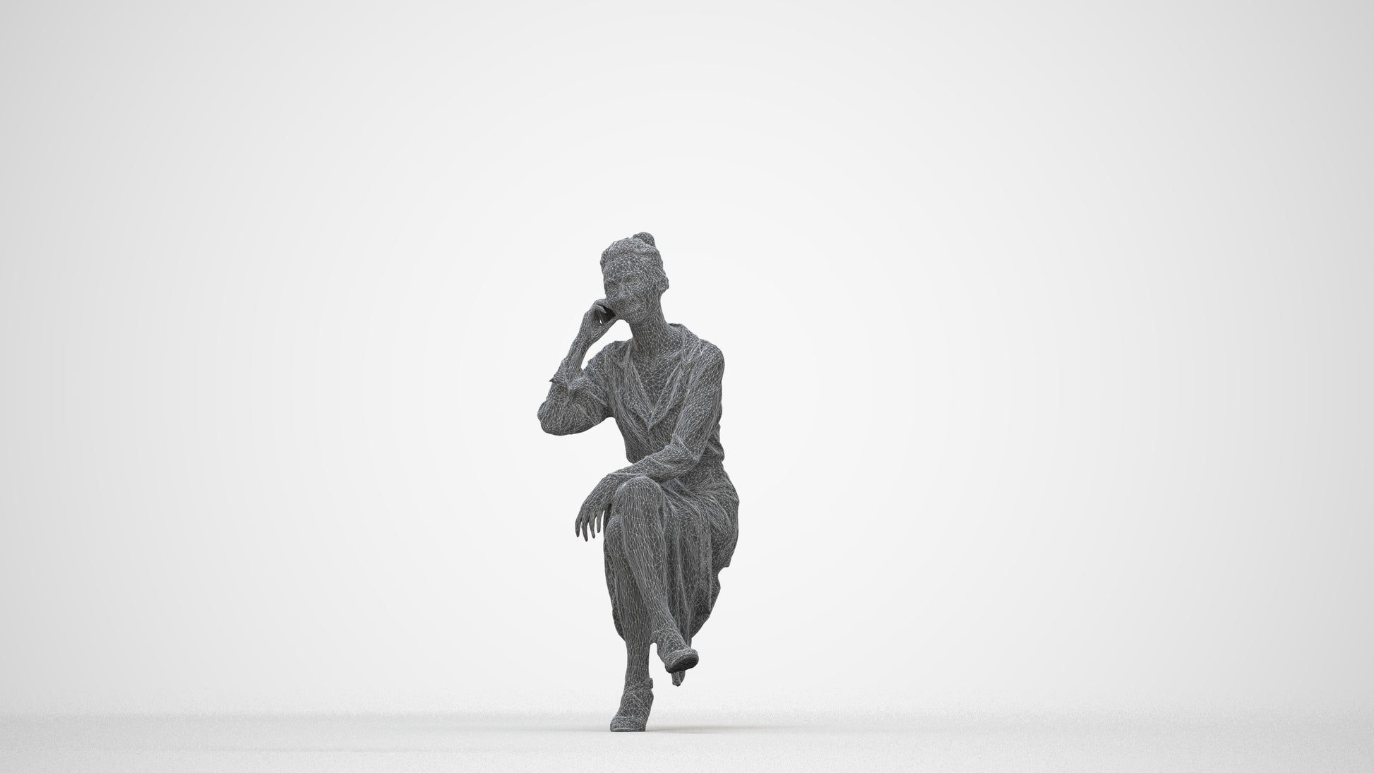 realistic 3D woman casual sitting, scanned archviz people for Blender and 3ds Max, wireframe back view