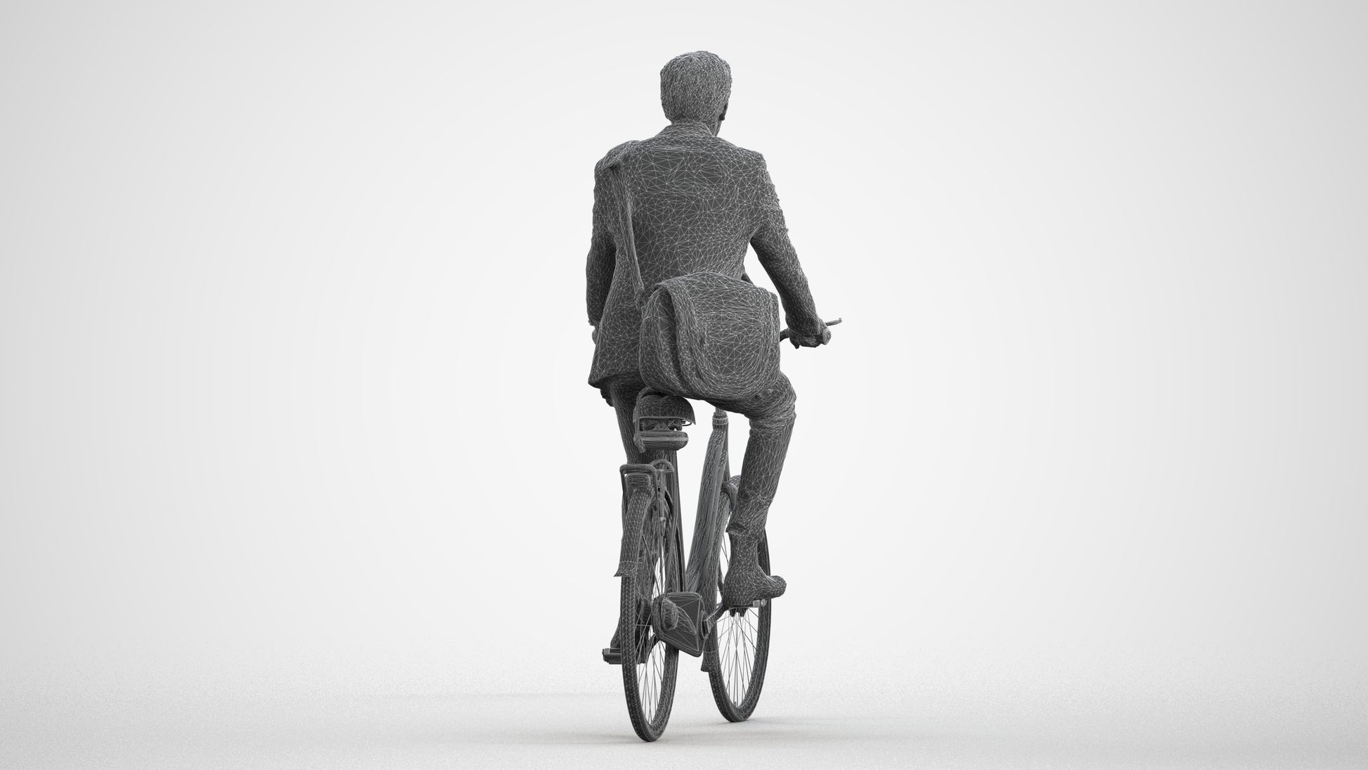 3D human model man business cycling, photogrammetry scanned person for archviz, wireframe front view