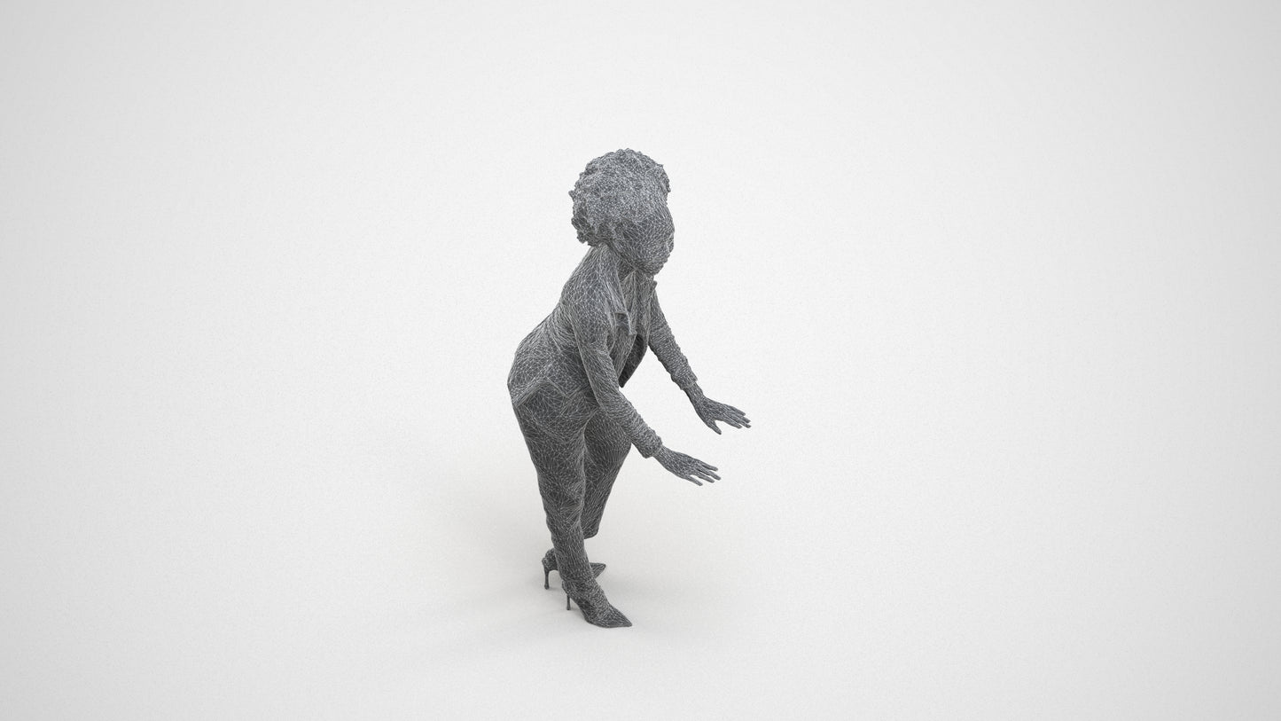 realistic 3D human woman business standing, archviz people FBX OBJ for Blender, wireframe three-quarter view
