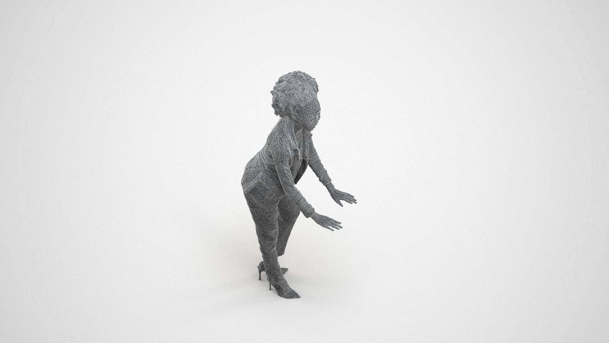 realistic 3D human woman business standing, archviz people FBX OBJ for Blender, wireframe three-quarter view