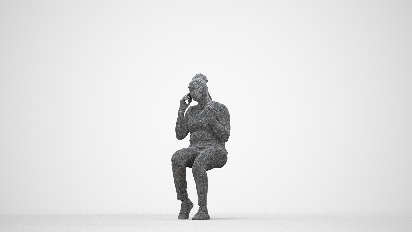 realistic 3D people woman casual sitting, render-ready for V-Ray and Corona, FBX OBJ, wireframe back view
