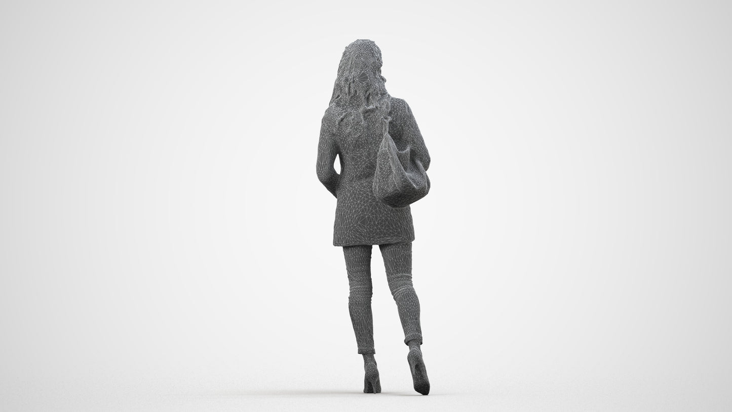 3D scanned woman walking casual, photorealistic archviz people for Enscape and SketchUp, wireframe side view