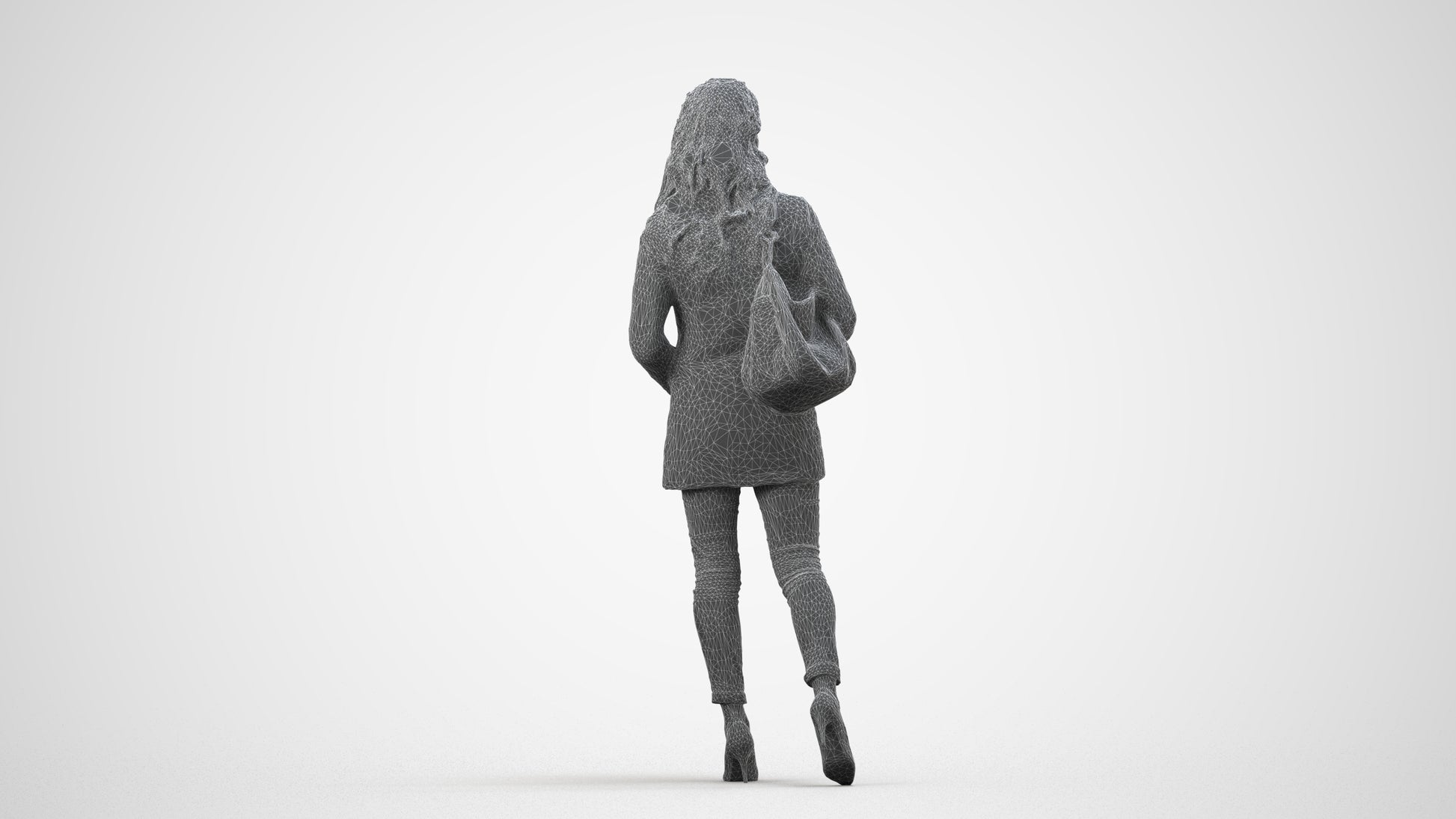 3D scanned woman walking casual, photorealistic archviz people for Enscape and SketchUp, wireframe side view