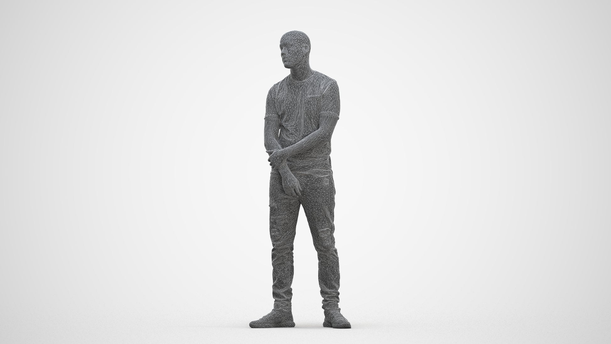 3D human model man casual standing, photogrammetry scanned person for archviz, three-quarter front view render
