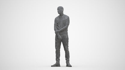 3D human model man casual standing, photogrammetry scanned person for archviz, three-quarter front view render