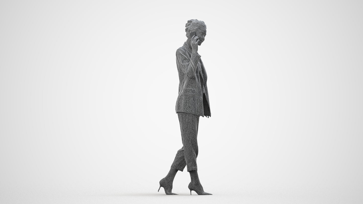 3D human model woman business walking, photogrammetry scanned person for archviz, wireframe side view